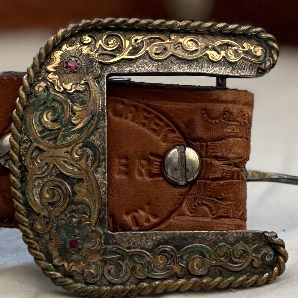 Vintage Western Tooled Leather Belt 38 Ornate Buckle Red Stone Removable Cowboy